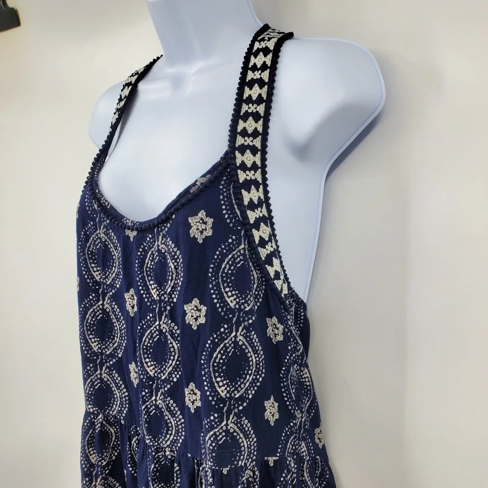 Abercrombie & Fitch Navy Blue Printed Tiered T-Back Maxi Dress Med Boho Cottage